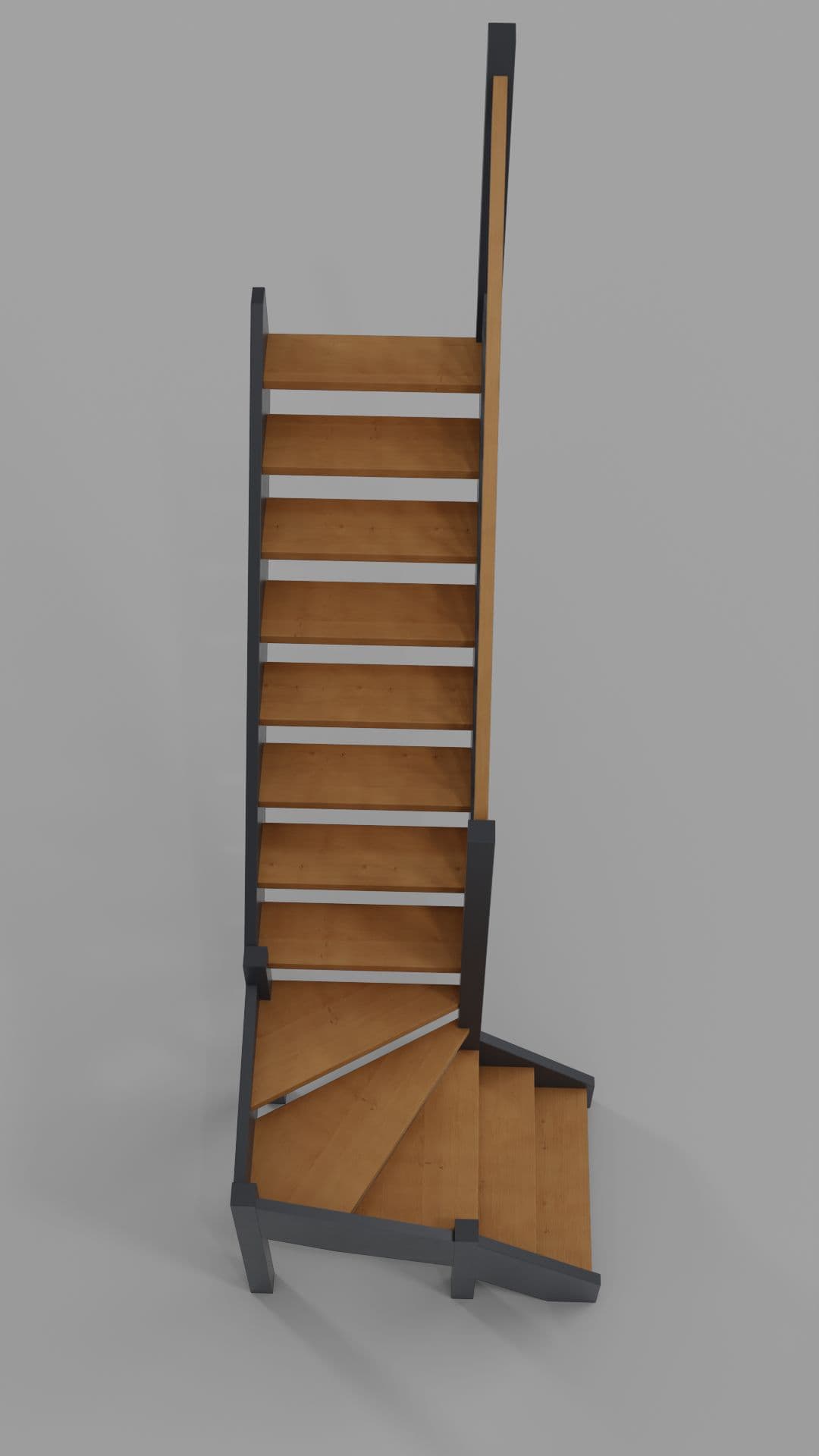 Деревянная лестница на тетивах в дом вид сверху на забежные ступени и второй марш